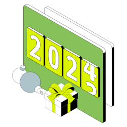 Lettering 2024 with gift box and christmas baubles text