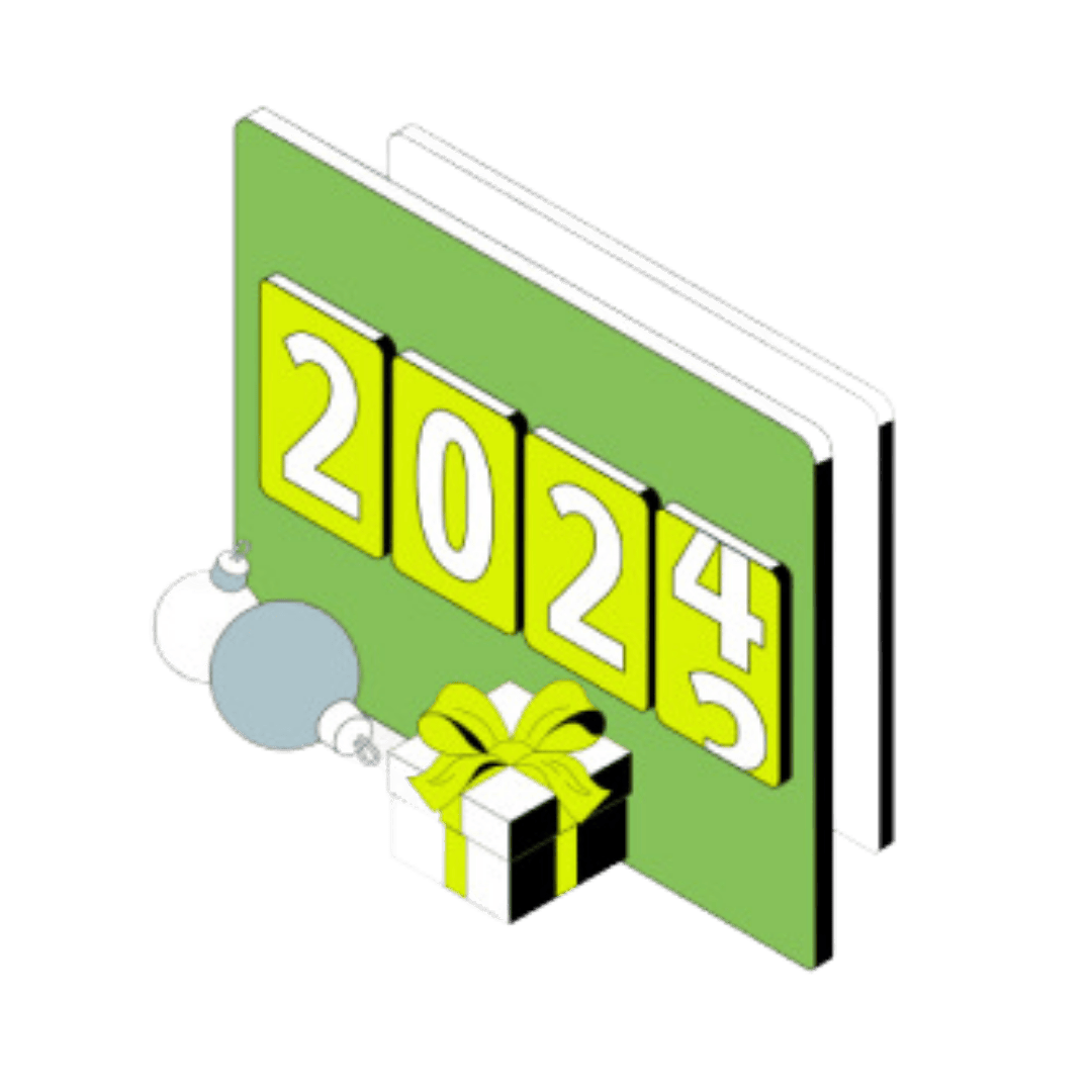 Lettering 2024 with gift box and christmas baubles text