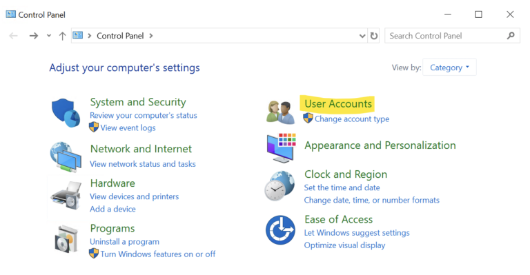 ไปที่ Control Panel เลือก User Accounts