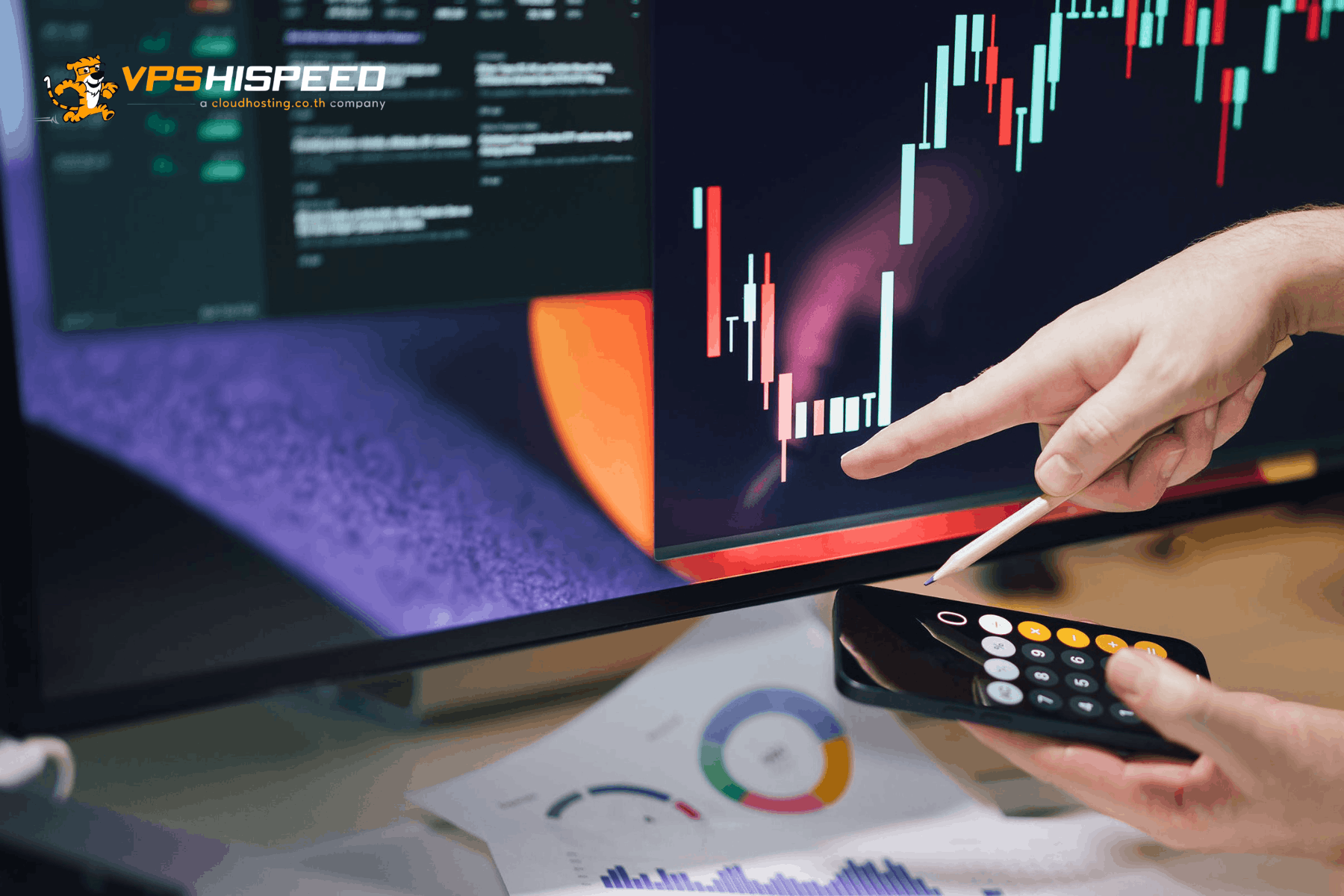 Forex trader reviewing candlestick chart on a monitor and calculating trading results, representing forex trading with VPS