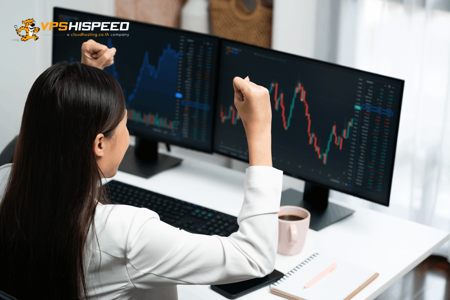 Forex trader celebrating profitable trade while analyzing market charts on dual monitors during online forex trading