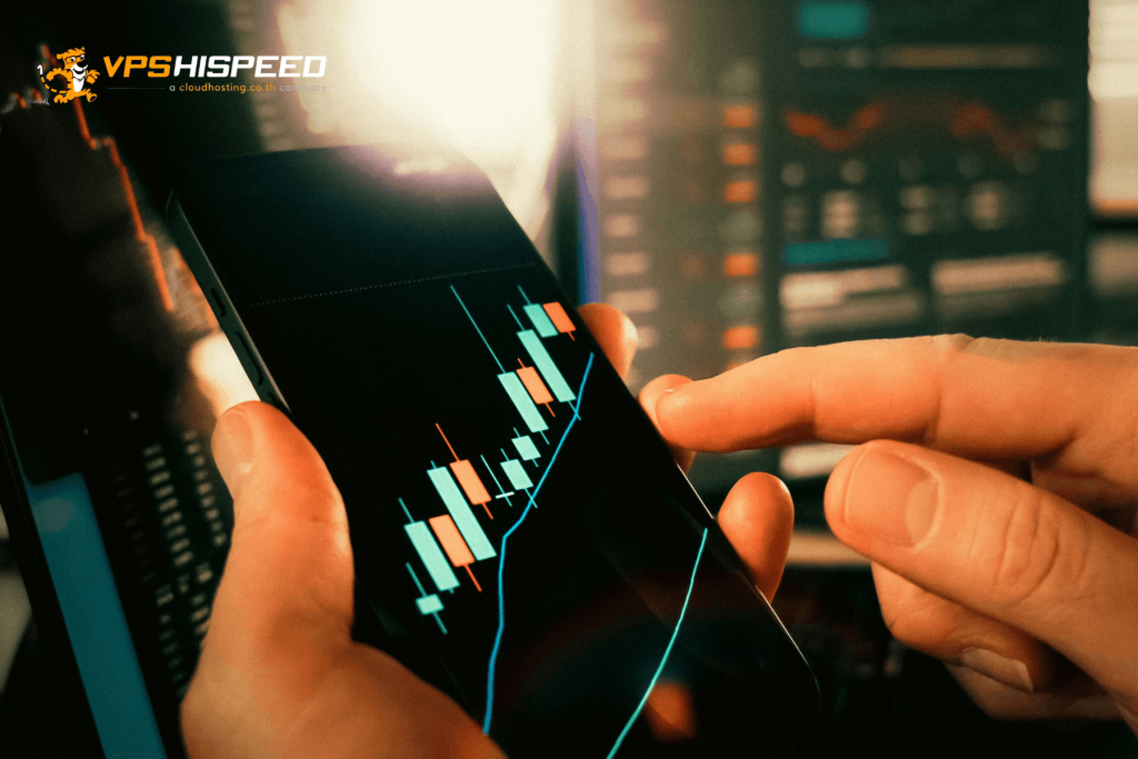 Forex trader monitoring candlestick charts on a mobile trading app before switching to a Forex VPS for continuous EA trading